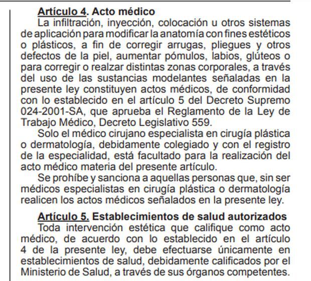 El vocero de la Sociedad Peruana de Cirugía Plástica resaltó que la ley se logra promulgar en el año 2020, luego de que se presentaron diversos problemas en la salud de la población relacionados a la colocación de rellenos permanentes también conocidos como biopolímeros. 
Lamentablemente a la fecha la norma no está reglamentada. 