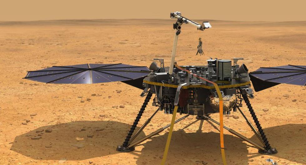 Ilustración que muestra una vista simulada de InSight mientras reduce la velocidad a medida que desciende hacia la superficie de Marte. (Foto: EFE/NASA/JPL-Caltech)