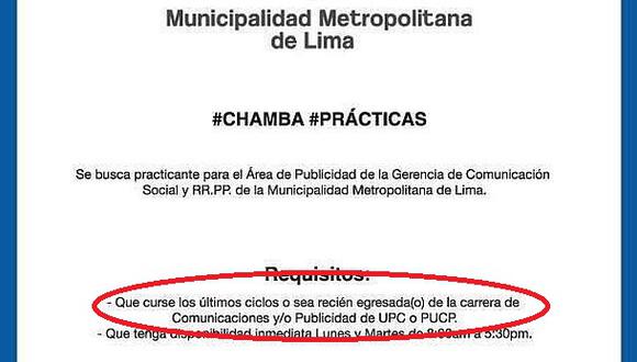 Controversia por convocatoria de prácticas de municipio de Lima