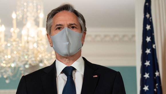 El secretario de Estado de Estados Unidos, Antony Blinken, habla con la prensa en el Departamento de Estado en Washington, el 10 de mayo de 2021.  (SAUL LOEB / POOL / AFP).