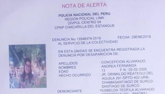 Denuncia policial de la desaparición de la hija menor del juez Richard Concepción Carhuancho. (Foto: PNP)