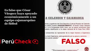 Es falso que candidato César Vásquez haya apoyado económicamente a un equipo cajamarquino de fútbol