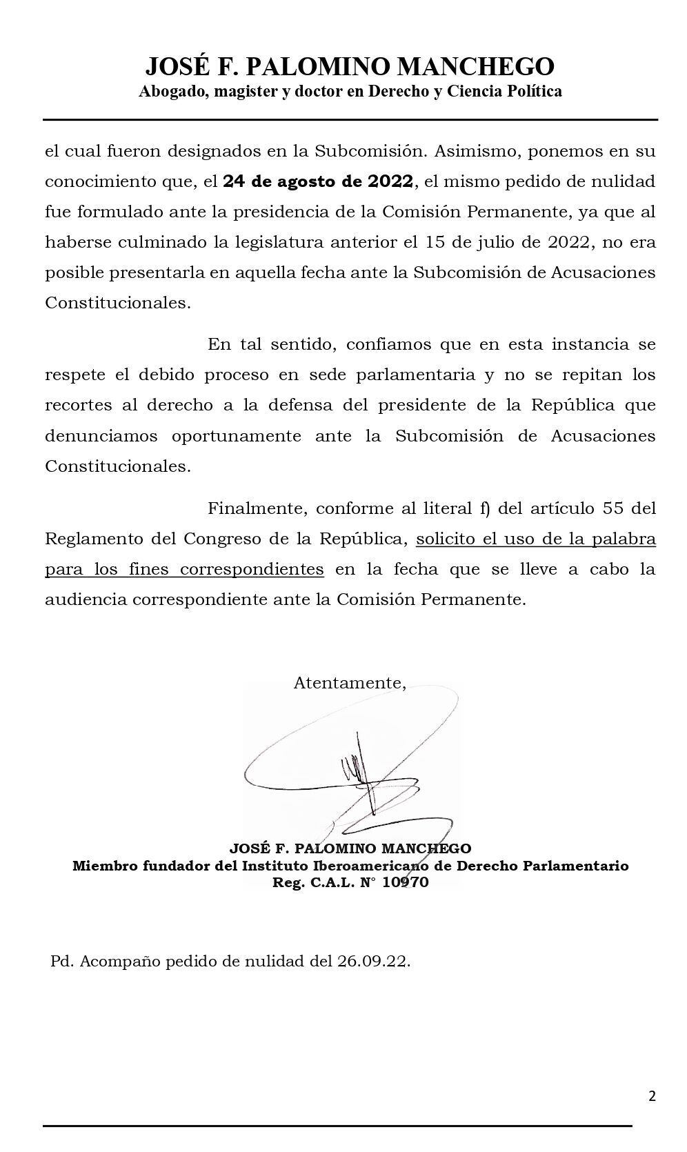 Documento remitido por el abogado de Pedro Castillo al presidente del Congreso.
