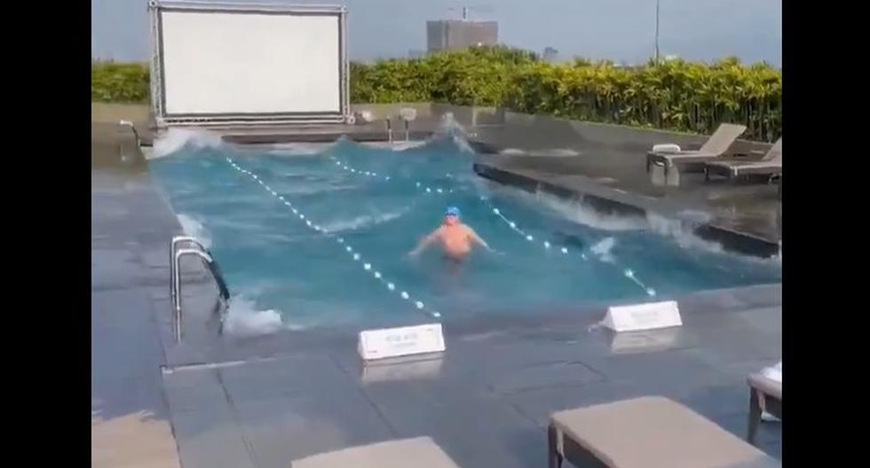 A man was in a swimming pool at the time of the strong earthquake in Taiwan |  VIDEO