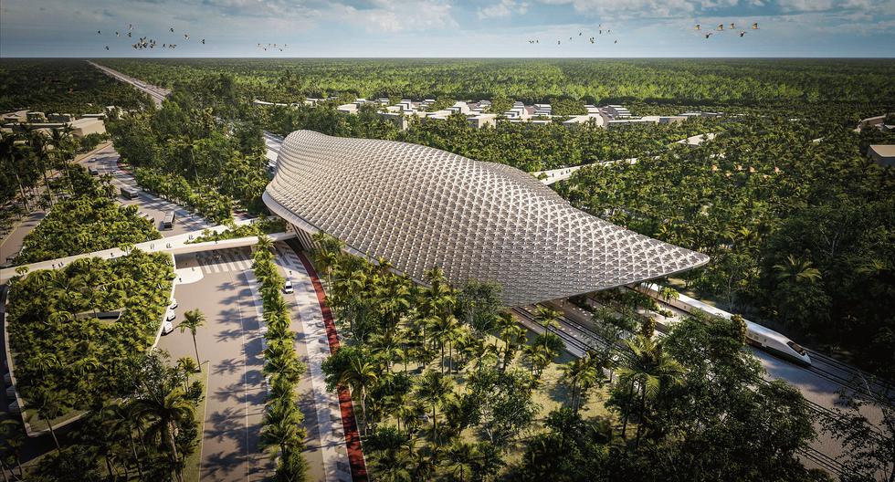 Este es el diseño de cómo quedará la estación Tulum del Tren Maya, que recorrerá más de 1.500 kilómetros en la Península de Yucatán. (Aidia studio)