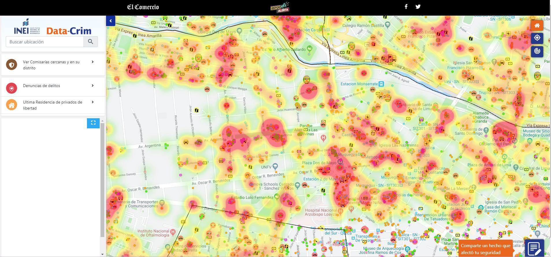 El Data-Crim señala la ubicación de actividad delictiva cometidos en las calles del Perú.