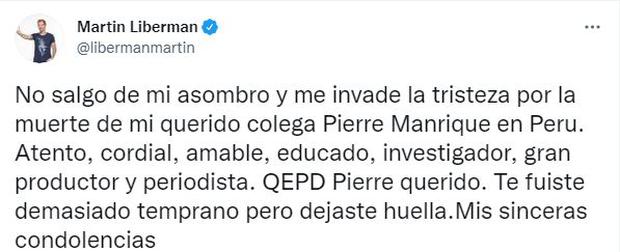 El mensaje de Martín Liberman a Pierre Manrique. (Foto: Captura de Twitter)