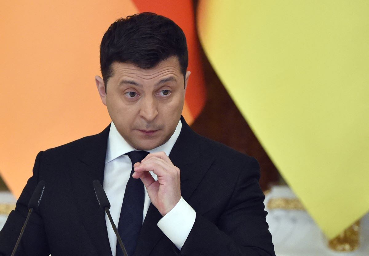 Ukrainian President Volodymyr Zelensky holds a joint press conference with the German Chancellor in Kiev on February 14, 2022. (SERGEI SUPINSKY / AFP)