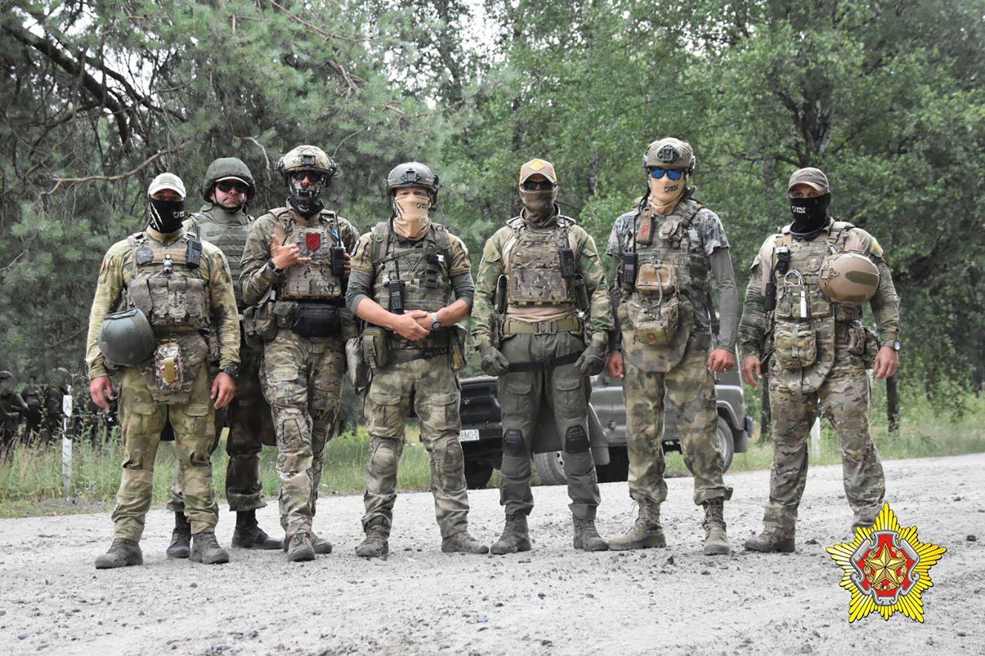 This photo from July 20, 2023 shows a joint training of Wagner fighters with servicemen from the Belarusian special forces at the Brestsky military terrain.  (AFP).