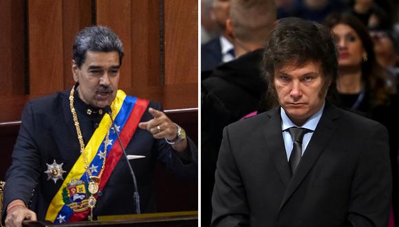 El presidente de Venezuela, Nicolás Maduro; y el mandatario de Argentina, Javier Milei. (Fotos de Pedro Rances Mattey / Filippo Monteforte / AFP)