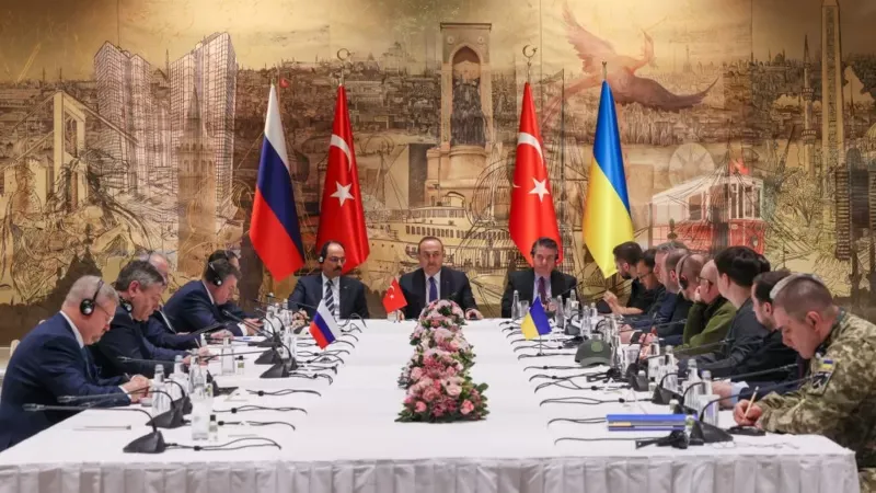 Peace talks between Russian and Ukrainian delegations at the Dolmabahce Presidential Office in Istanbul, Turkiye, on March 29, 2022. GETTY IMAGES