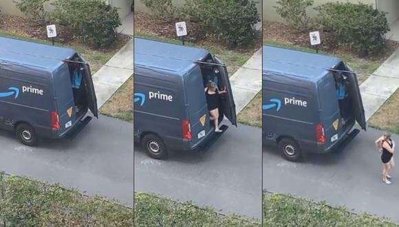 Un repartidor de Amazon fue captado con una mujer de la camioneta de Amazon. (Foto: TikTok / Composición)