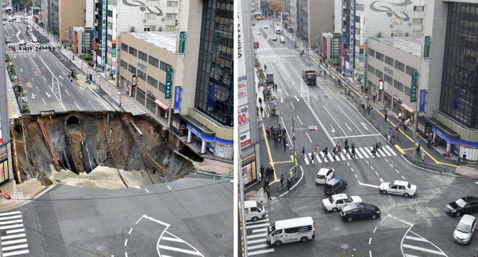 El antes y después de una avenida que fue tragada por un socavón. (Foto: "Thejapantimes")