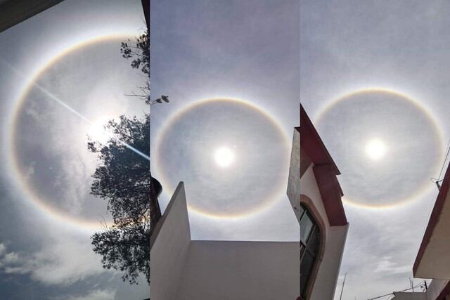 Un aro de luz alrededor del Sol fue visto en el cielo de México en pleno terremoto de 7.5 grados registrado esta mañana y se volvió tendencia en redes sociales. (Fotos: @pucaalegria en Twitter)