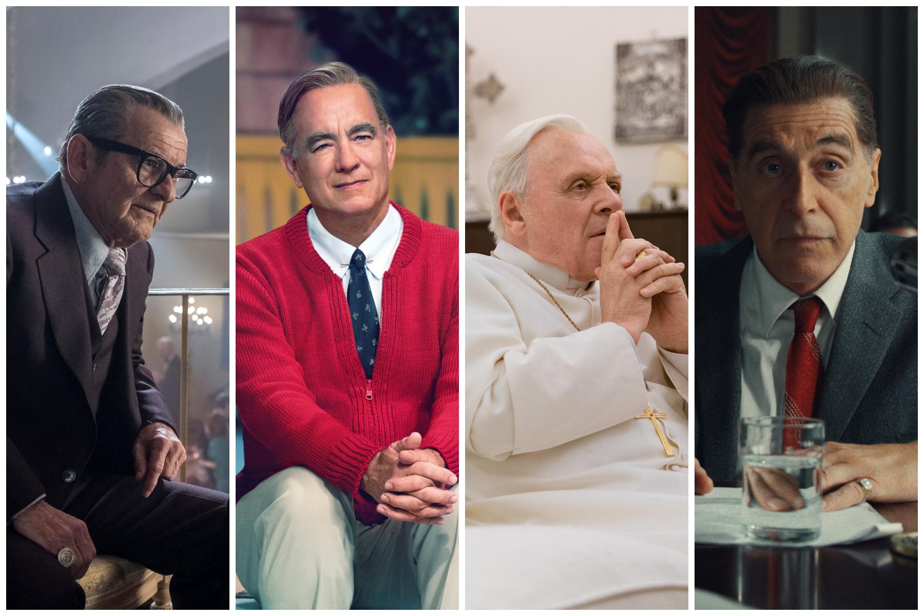 De izquierda a derecha los competidores de Brad Pitt para el Oscar de Mejor actor de reparto: Joe Pesci, Tom Hanks, Anthony Hopkins y Al Pacino. Fotos: Difusión.