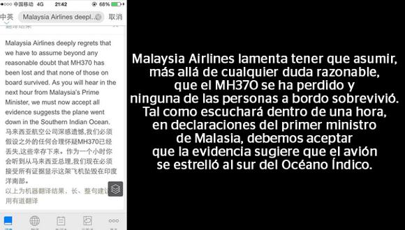 Aerolínea comunicó vía SMS muerte de pasajeros del vuelo MH370