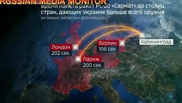 La TV rusa transmite la simulación de un ataque nuclear en Europa. (Captura de video).