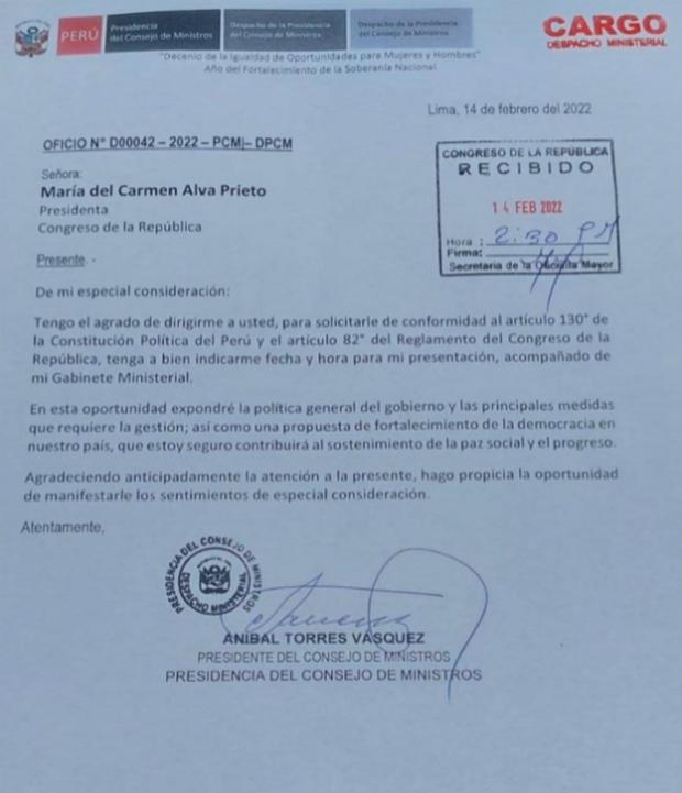 Oficio enviado por Aníbal Torres al Congreso.