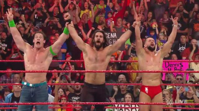 Jhon Cena, Seth Rollins y Finn Bálor vencieron a Bobby Lashley, Drew McIntyre y Dean Ambrose. | Foto: WWE