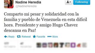 Nadine Heredia: “Amigo Hugo Chávez descansa en paz” 