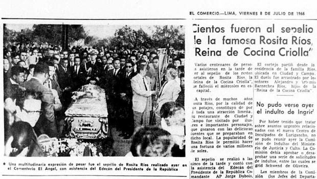 In 1966, El Comercio published several articles on the death of Rosita Ríos, and gave an account of her funeral.  (Photo: El Comercio Historical Archive)
