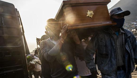 Trabajadores del cementerio llevan el ataúd de una víctima de coronavirus COVID-19 en Comas. (Foto: Ernesto Benavides / AFP).