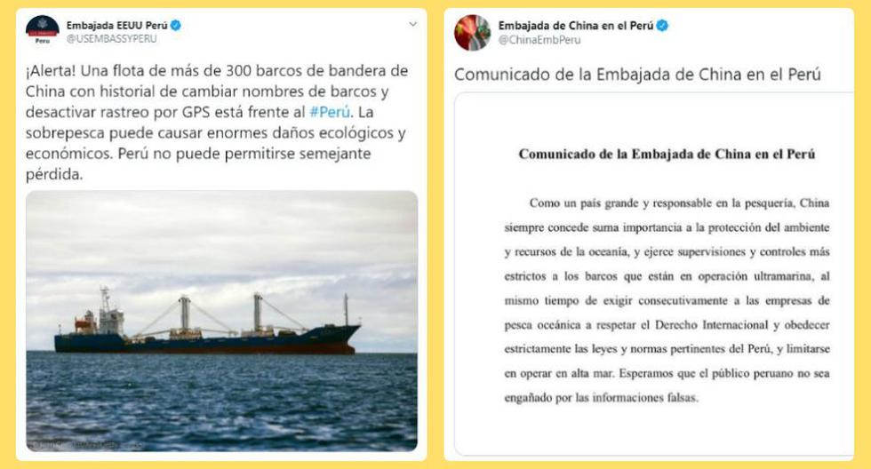 Las embajadas de Estados Unidos y China en el Perú discreparon públicamente en Twitter en torno a la presencia de embarcaciones de bandera china frente a nuestro país.
