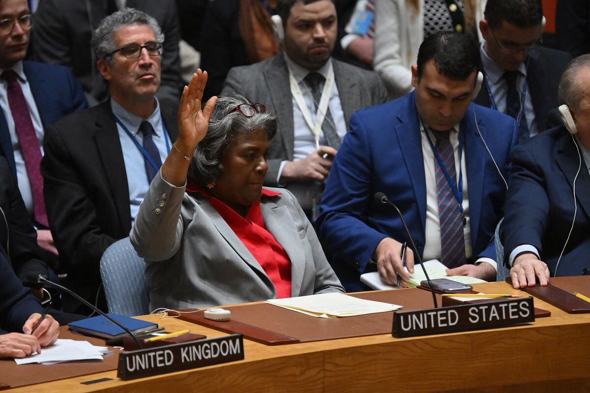 US Ambassador to the UN Linda Thomas-Greenfield abstains during a vote calling for an immediate ceasefire in Gaza at UN Headquarters in New York on March 25, 2024. (Photo by ANGELA WEISS/AFP)
