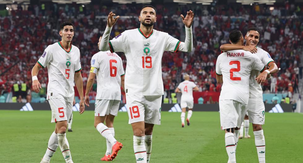 Youssef En-Nesyri de Marruecos celebra tras marcar el segundo gol del equipo durante el partido de fútbol del grupo F de la Copa Mundial de la FIFA 2022 entre Canadá y Marruecos en el estadio Al Thumama de Doha , Catar, 01 de diciembre de 2022. EFE/EPA/Mohamed Messara