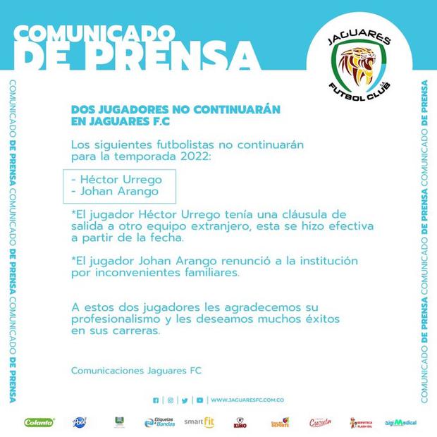 Comunicado de Jaguares de Córdoba sobre desvinculación de Johan Arango | Foto: Jaguares de Córdoba.