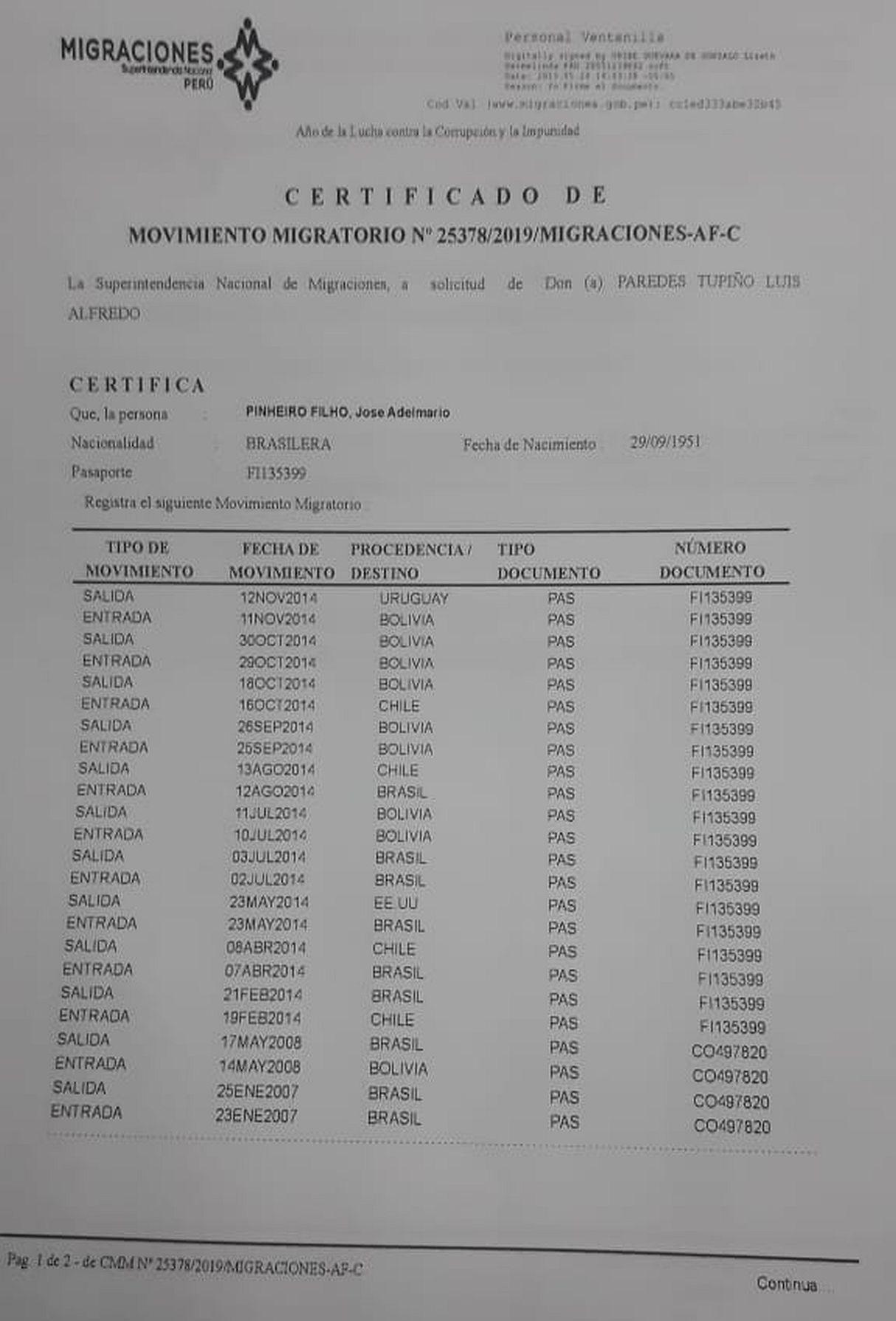 El registro migratorio de José Adelmário Pinheiro muestra que estuvo en el Perú el 25 de setiembre del 2014, diez días antes de las elecciones en las que Luis Castañeda Lossio fue elegido alcalde por tercera vez.