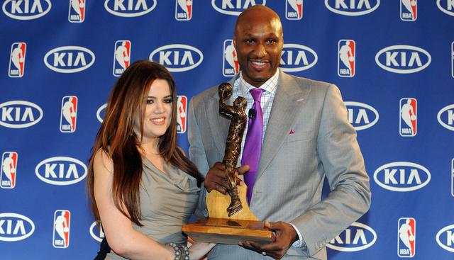 LOS ANGELES, CA - APRIL 19: Khloe Kardashian and Lamar Odom #7 of the Los Angeles Lakers pose for a photo at the ceremony for the Kia Six Man of the Year Award at the Sheraton Gateway Los Angeles Hotel on April 19, 2011 in Los Angeles, California. NOTE TO USER: User expressly acknowledges and agrees that, by downloading and/or using this Photograph, user is consenting to the terms and conditions of the Getty Images License Agreement. Mandatory Copyright Notice: Copyright 2011 NBAE   Andrew D. Bernstein/NBAE via Getty Images/AFP