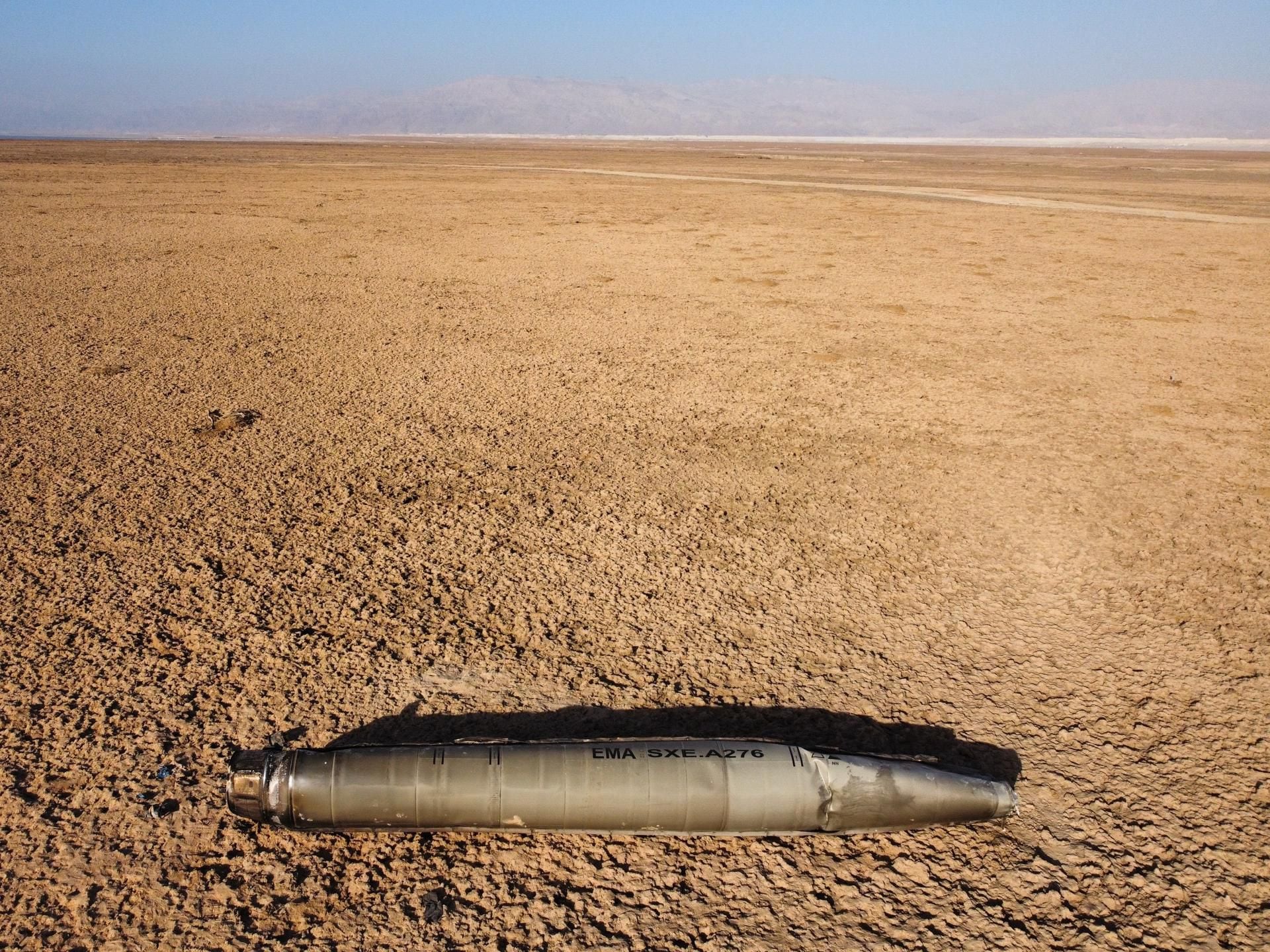 Aerial view taken with a drone of part of a ballistic missile that crashed near the Dead Sea in eastern Israel.  (EFE/ Abir Sultan).