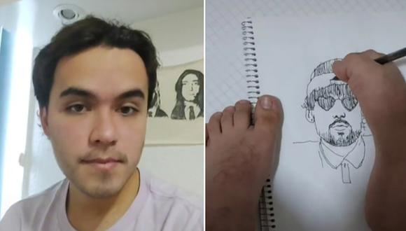 En esta imagen se aprecia a René Vignola, el joven que es capaz de dibujar retratos de celebridades con sus pies. (Foto: @patadibujosrenevignola / TikTok)