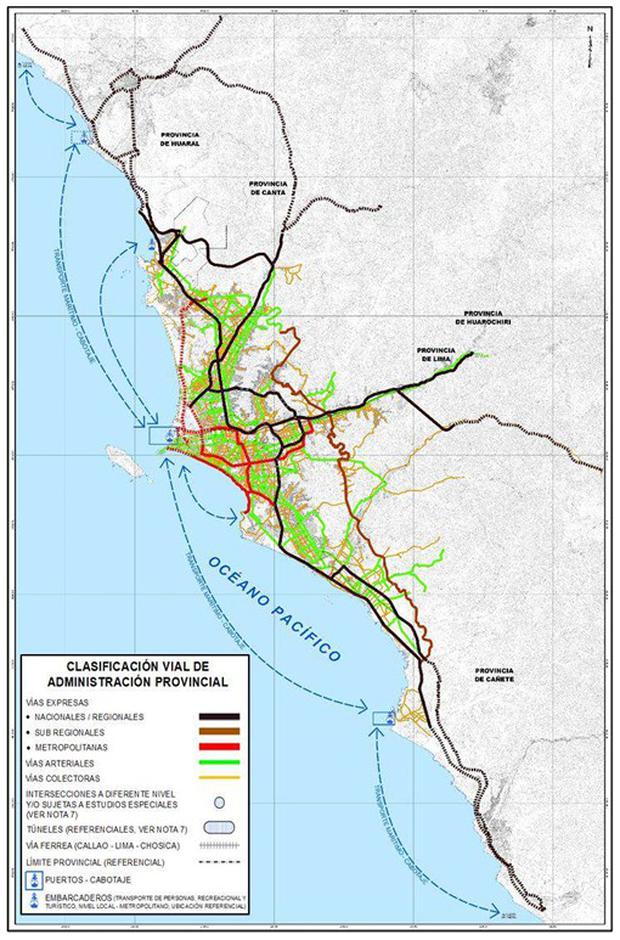 En el mapa de la red vial metropolitana, publicado en el Plan de Desarrollo Metropolitano, se señala a la Costa Verde como una vía expresa (en rojo).