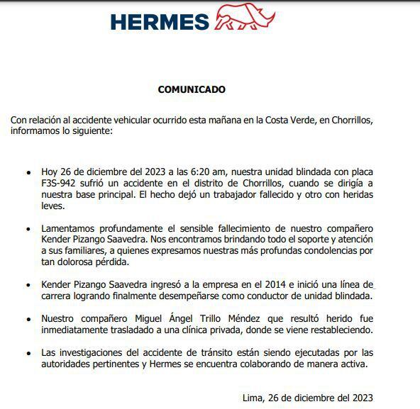 Comunicado de la empresa Hermes tras el accidente en el que murió uno de sus trabajadores