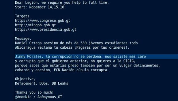 Mensaje publicado por el grupo de hackers Anonymous en rechazo de la presencia de Daniel Ortega y Jimmy Morales en la XXVI Cumbre Iberoamericana.