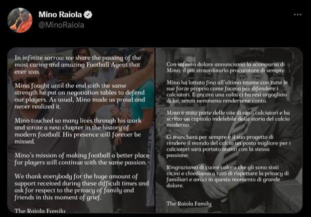 La familia de Mino Raiola confirmó la muerte del agente de futbolistas. (Foto: Twitter)