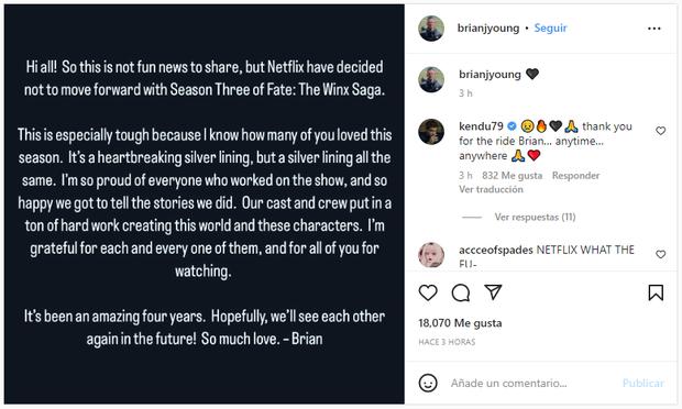 El desarrollador de "Destino: La saga Winx" anunció la cancelación de la serie (Foto: brianjyoung / Instagram)