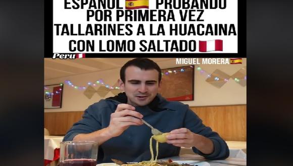 Español prueba por primera vez tallarines a la huancaína con lomo saltado y su reacción se vuelve viral en TikTok. (Foto: captura de pantalla TikTok)