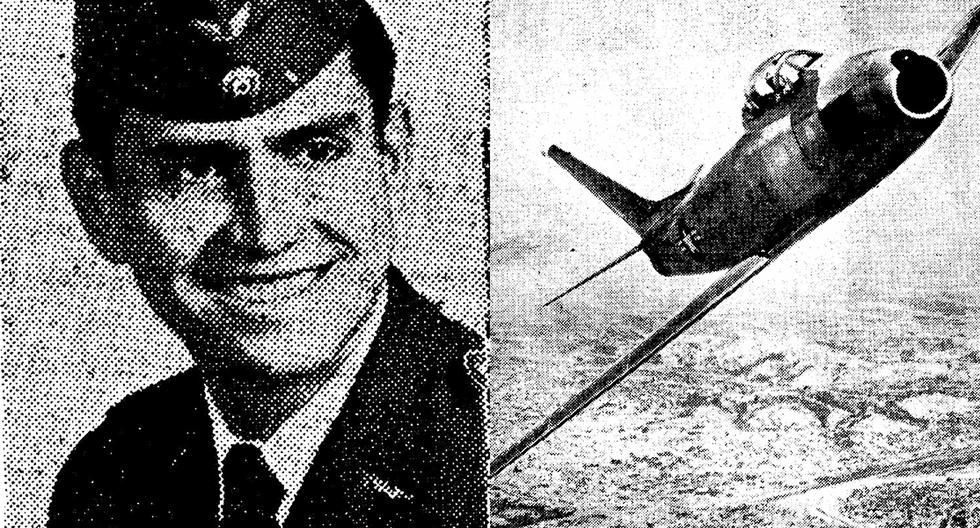 En la imagen, el alférez FAP Raúl Cohen G. fallecido en un accidente ocurrido cuando empezaba a aterrizar en el aeropuerto de Arequipa. Al lado, el avión de caza 'Sabre F-86' que lo llevó a la muerte en los años 50. (Foto: GEC Archivo Histórico)