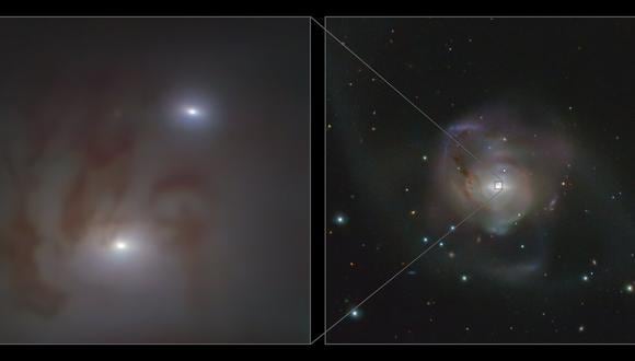 Primeros planos y visión de amplio campo de la pareja de agujeros negros supermasivos. (ESO/Voggel et al.; ESO/VST ATLAS team. Acknowledgement: Durham University/CASU/WFAU)