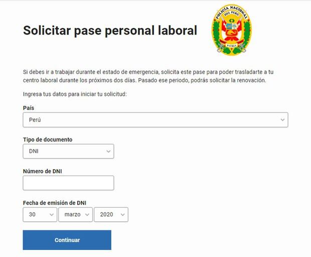 Formulario que deberá ser rellenado por quienes solicitan el pase personal laboral durante el estado de emergencia