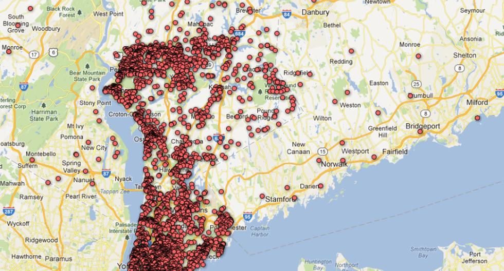 El mapa muestra qui&eacute;nes son y d&oacute;nde viven los habitantes de Westchester County con permiso de armas.  (Imagen: Google Maps)