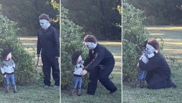El pequeño se quedó quieto por unos segundos al ver al hombre disfrazado de Michael Myers. Luego estiró sus brazos para darle un abrazo. (Foto: @amberpatrick22 / TikTok)