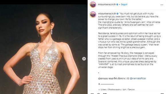 Miss Tailandia luce vestido con partes recicladas y en homenaje a sus orígenes