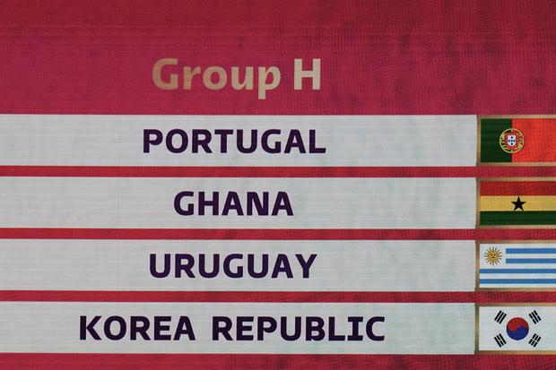 World Cup group H Portugal. Ghana, Uruguay and Korea are seen during the 2022 soccer World Cup draw at the Doha Exhibition and Convention Center in Doha, Qatar, Friday, April 1, 2022. (AP Photo/Hassan Ammar)