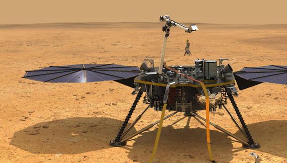 Ilustración que muestra una vista simulada de InSight mientras reduce la velocidad a medida que desciende hacia la superficie de Marte. (Foto: EFE/NASA/JPL-Caltech)