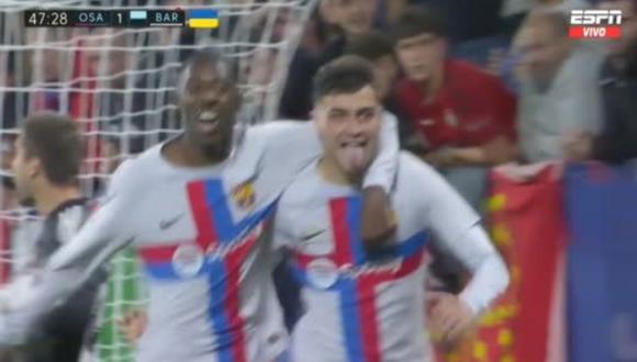 Pedri anotó el empate de Barcelona ante Osasuna. Foto: Captura de pantalla de ESPN.