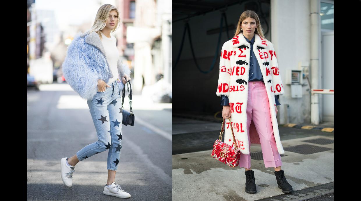Foto 1: Arma una tenida más casual, al mezclar un abrigo corto con un polo blanco básico y unos jeans estampados..  Foto 2: Deja que tu abrigo de pelo sea el protagonista, eligiendo uno con mensajes.